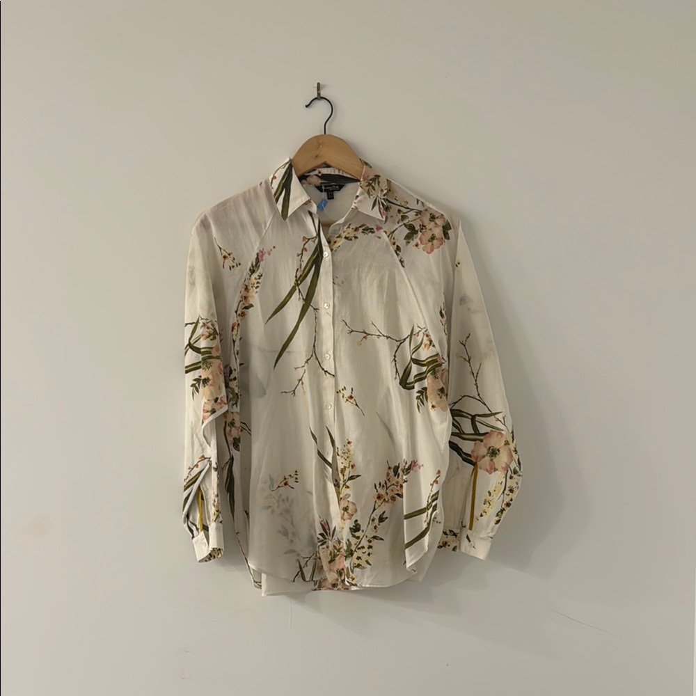 Massimo Dutti Cream and Green Casual Button Down Shirt